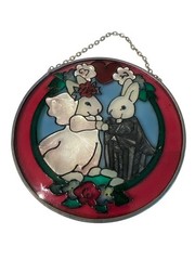 Stained Glass Bunny Wedding Sun Catcher Decorative Hanging Suncatcher VTG 80s