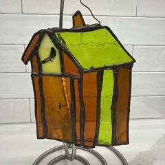 Stained Glass Suncatcher Handmade Cottage House Greens And Browns Fast Shipping!