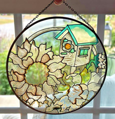VTG Flowers & Birdhouse Stained Glass Suncatcher w/ Chain Joan Baker Design 6.5″