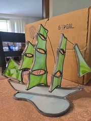 VTG Stained Glass Sail Boat Ship Sun Catcher Decor Green White 8 In