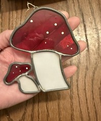 Large Rare Smurfs Vintage Red Mushrooms Stained Glass Sun Catcher