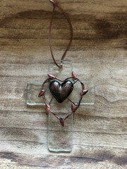 Sun Catcher Glass Cross Sculpted Metallic Metal Heart Leather Hanging Strap 6”