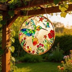 Stained Glass Suncatcher Spring Flowers & Hummingbird 8 Inch Handmade