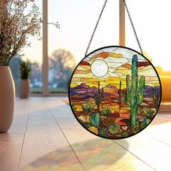 Desert Sunset Suncatcher, Stained Glass Cactus Scene, Southwest Window Decor Art