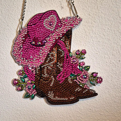 Pink Brown Western Cowgirl Hat & Boots Shoulder Bag, Beaded, Silver Chain Strap