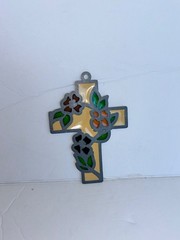 Vintage 70s Cross Flowers Stained Glass Enamel Sun Catcher Leaded Frame Purple