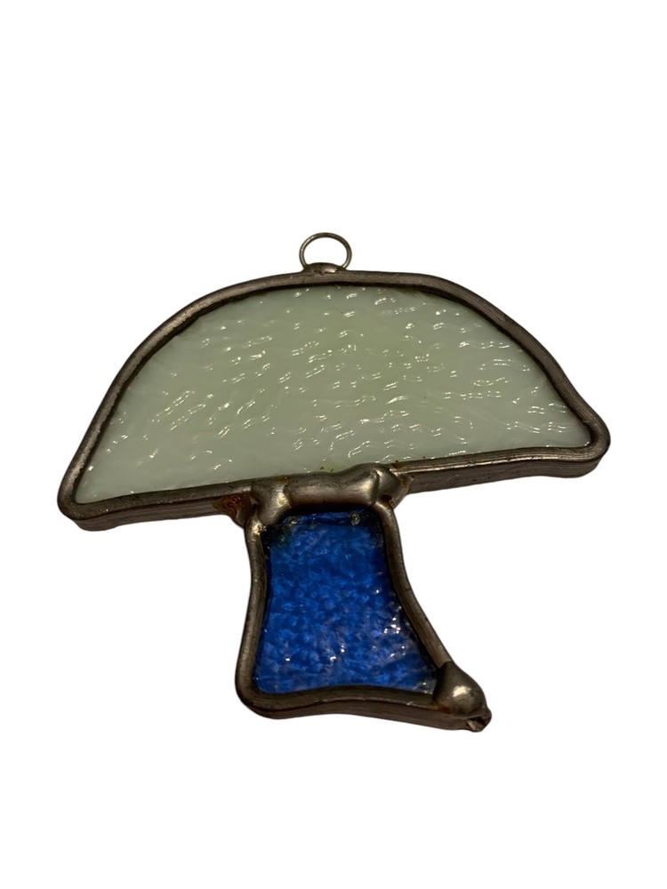 Vintage Stained Glass Mushroom Sun Catcher Ornament 2”x2.5” Blue White Lead Read