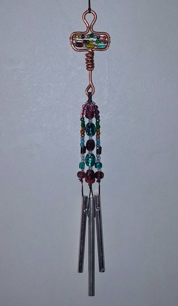 Hand Crafted Wind Chime Hammered Solid Copper Hanger Multi Color Glass Beads 11″