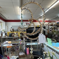 Gold Spiral Hanging Mobile Suncatcher, Glass Beads & Bells, Clear Blue Purple