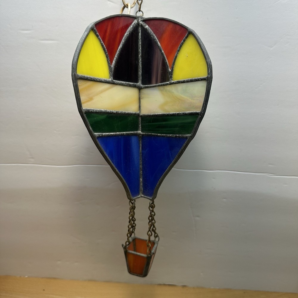Vintage 3D Stained Glass Hot Air Balloon Hanging Sun Catcher Primary Colors 80s