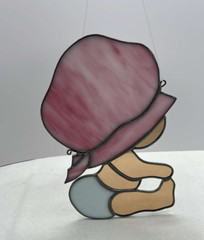 Vintage Baby Girl Stained Glass Pink Bonnet & White Diaper Suncatcher Handmade