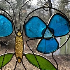 Stained Glass Style Green & Blue Butterfly Flower Suncatcher Spring Garden