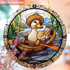 Cute White Duck Wearing Straw Hat Rowing Wooden Boat River Acrylic Suncatcher