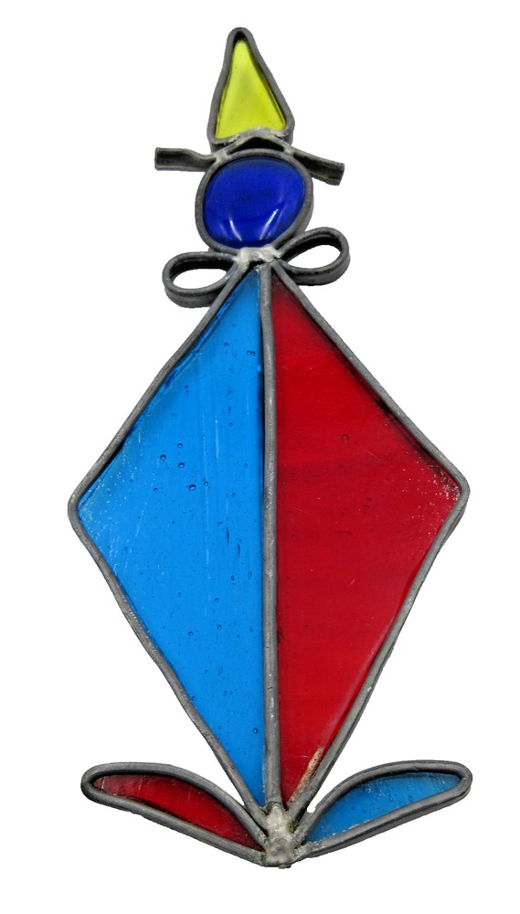 VTG XL BIG 8″ WELDED STAINED GLASS CIRCUS CLOWN BLU RED YELLOW Silver tone metal