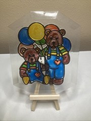 Vintage 80s Teddy Bears Balloon Plastic Faux Stained Glass Suncatcher Window Art