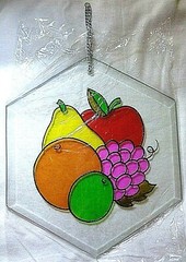 Vintage Painted Sun Catcher *Hexagonal* FRUITS * Beveled Glass * Verona Vergasi