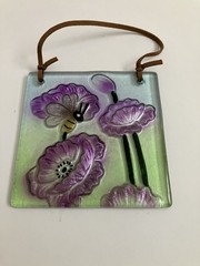(Square 4.5″ x 4.5″ Flower Bumblebee Glass Sun Catcher with Leather Cord