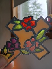 Vintage Cross With Flowers Floral Stained Glass Look Acrylic Suncatcher 4″