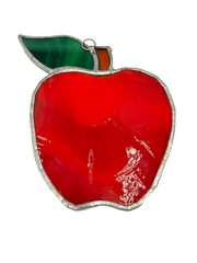Vintage Red Apple w Green Leaf Stained Glass Sun Catcher Suncatcher Decor
