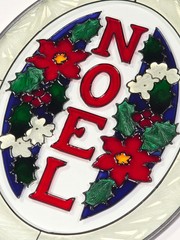 Vtg 1994 Joan Baker Hand Painted Glass Suncatcher Noel Christmas Holidays Holly