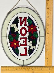 Vtg 1994 Joan Baker Hand Painted Glass Suncatcher Noel Christmas Holidays Holly