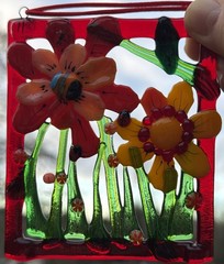 Fused Glass Handmade Rectangular Multicolor Sun Catcher Signed By Artist