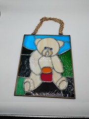 Handmade Leaded 10×8 stained glass Window Hanging Teddy Bear.