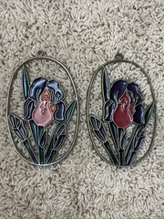 Set of 2 Iris Sun Catcher-Stained Glass Acrylic Metal Vintage