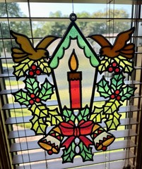 Vtg Christmas Plastic Stained Glass Suncatcher Candle Holly Birds Window Art