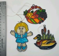 Vtg LOT Suncarchers Mallard Duck Cabbage Patch Fruit Basket Stained Glass Style