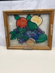 VTG Faux Stained-Glass Plastic In Wooden Floral Frame/ Fruit Themed