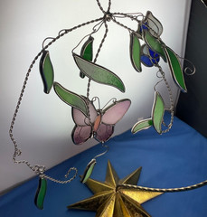 Stained Glass Sun Catcher Butterfly & Flowers 10” X 9” NO STAND INCLUDED