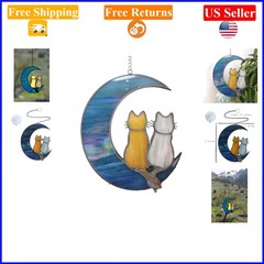 Cat & Moon Stained Glass Suncatcher – Modern Feline Window Decor for Adults