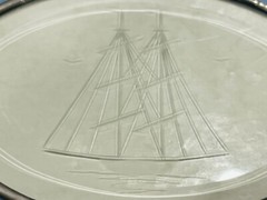 GENUINE LEADED Vintage Stained Glass Beveled Blue Sun Catcher Etched Sailboat
