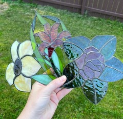 Vintage Stained Glass Suncatcher Lot of 3 Floral Rose
