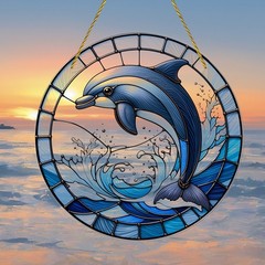Jumping Blue Dolphin Ocean Wave Sunset Acrylic Suncatcher Marine Life Decoration