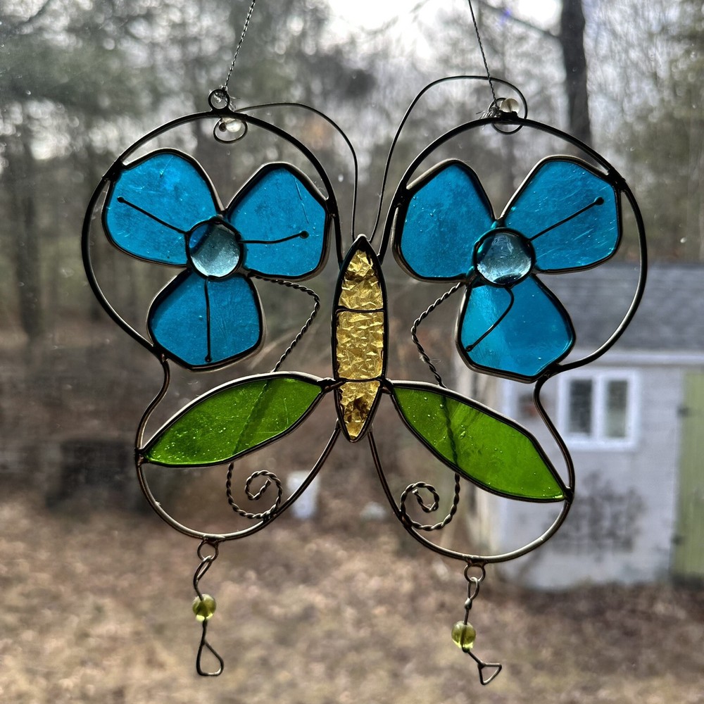 Stained Glass Style Green & Blue Butterfly Flower Suncatcher Spring Garden