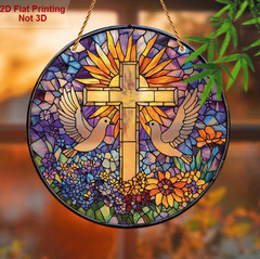 Stained Glass Style Cross & Dove Suncatcher Christian Faith Home Decor