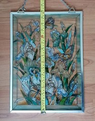Vtg Hand Painted Glass Suncatcher Butterflies Bright Colors Denver.17.5″ x 11.5″