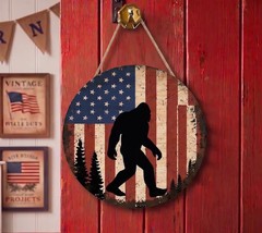 Patriotic American Bigfoot Wooden Sign with Rope