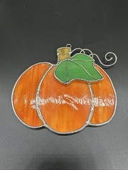 Leaded Stain Slag Glass Orange Pumpkin Hanging Suncatcher 4″ Window Decor