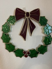 Stained Glass Christmas Holly Berry Wreath 11 1/4”Hanging Suncatcher With Bow