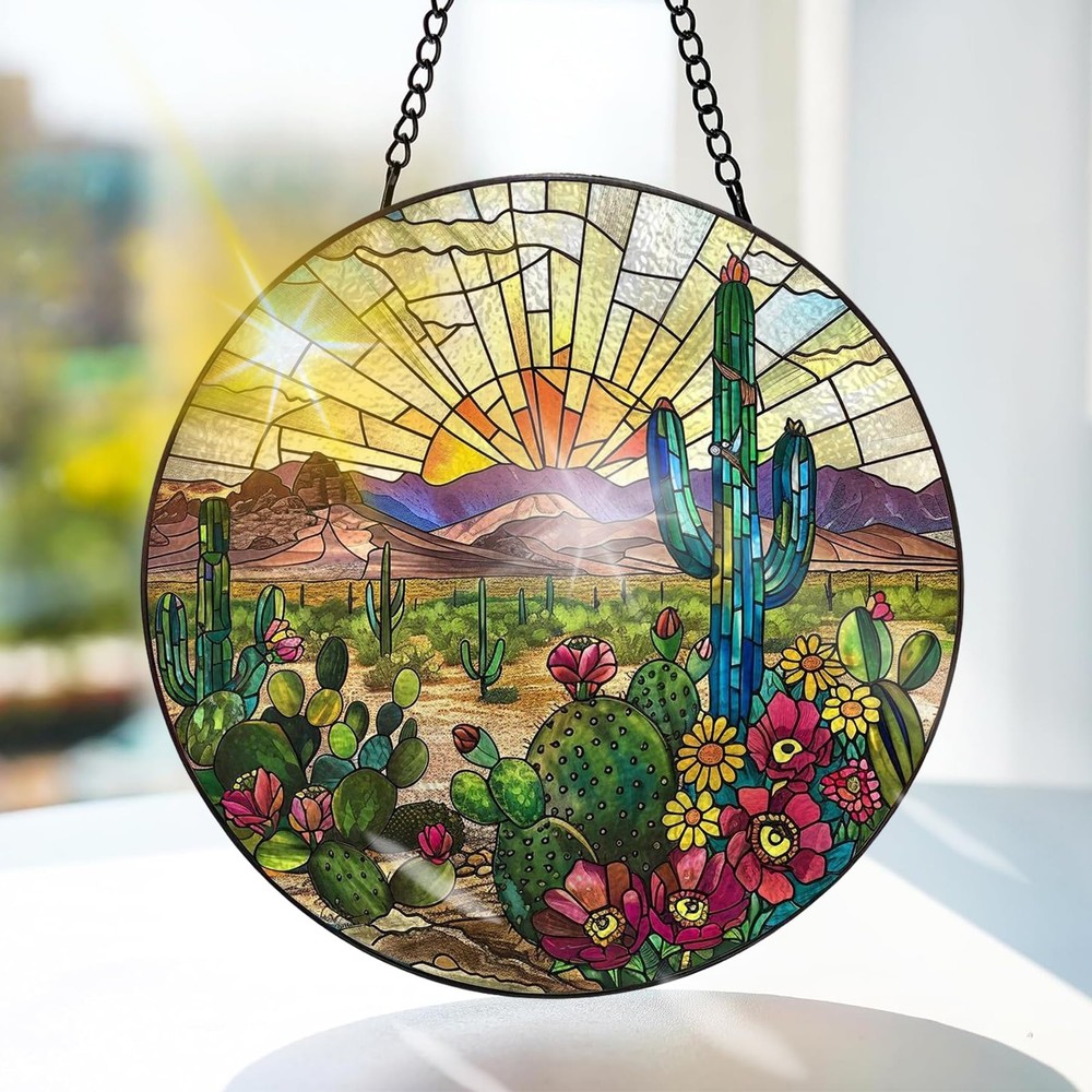 Cactus Stained Glass Suncatcher for Indoor Window or Doorway Decoration 7.8″