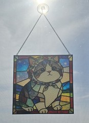 Cat With Floral Head Scarf Stain Glass Suncatcher Hanging Decor