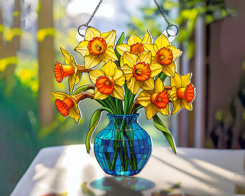 Daffodil Vase Suncatcher Acrylic Window Decor Flower Art Gift