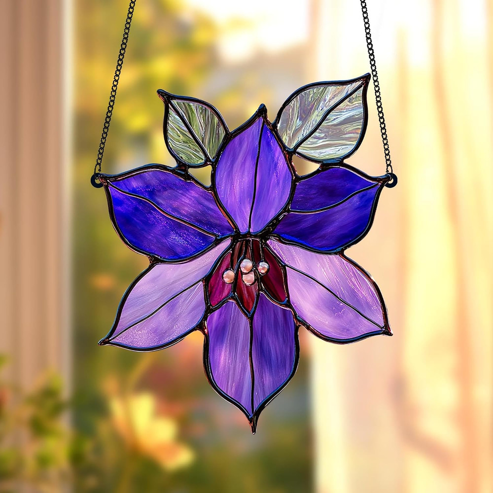 Purple Clematis Flower Handmade Resin Suncatchers, Artisan Sun Catcher, Stained