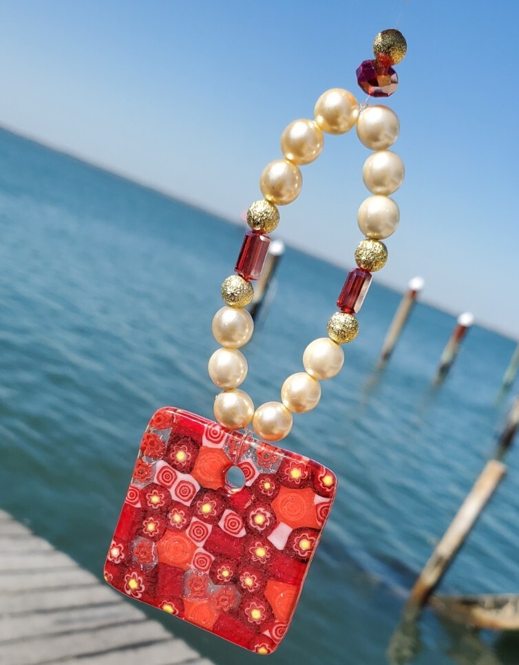 CRYSTAL SUN CATCHER with faux pearls and Crystal Beads ~ red orange pearl square