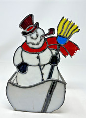 Vintage Stained Leaded Glass Snowman Sun Catcher Christmas Card Holder Plant