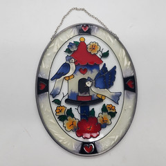 Vtg Joan Baker Stained Two Birds & Birdhouse Hand Painted Suncatcher 6497