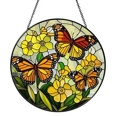 Butterfly Flower Stained Glass Sun Catcher for Home Garden Decor, 7.87″